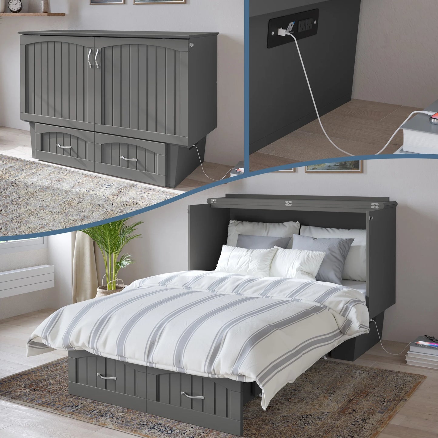 AFI Nantucket Full Solid Wood Murphy Bed Chest with Mattress, Drawer & Charger in Gray - My Store