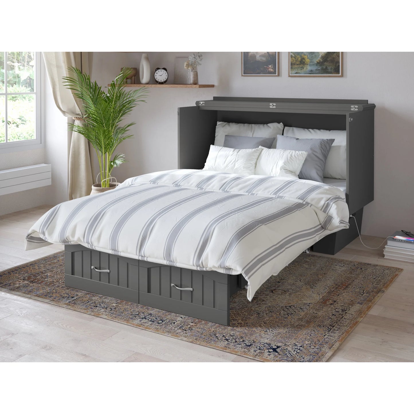 AFI Nantucket Full Solid Wood Murphy Bed Chest with Mattress, Drawer & Charger in Gray - My Store