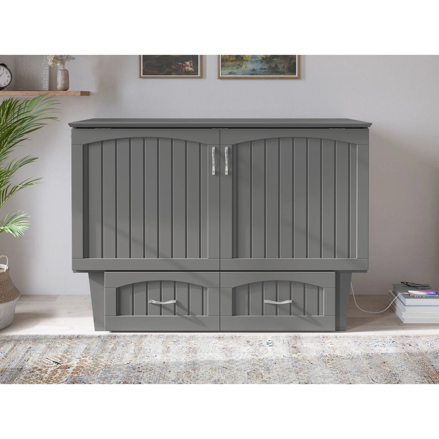 AFI Nantucket Full Solid Wood Murphy Bed Chest with Mattress, Drawer & Charger in Gray - My Store