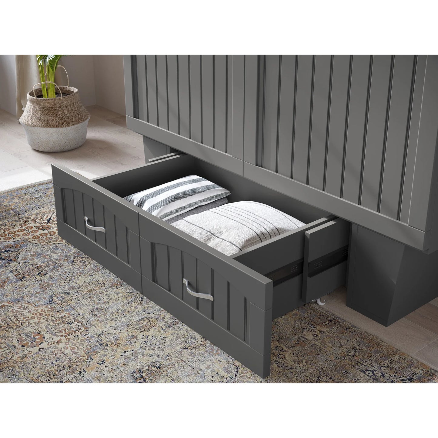 AFI Nantucket Full Solid Wood Murphy Bed Chest with Mattress, Drawer & Charger in Gray - My Store