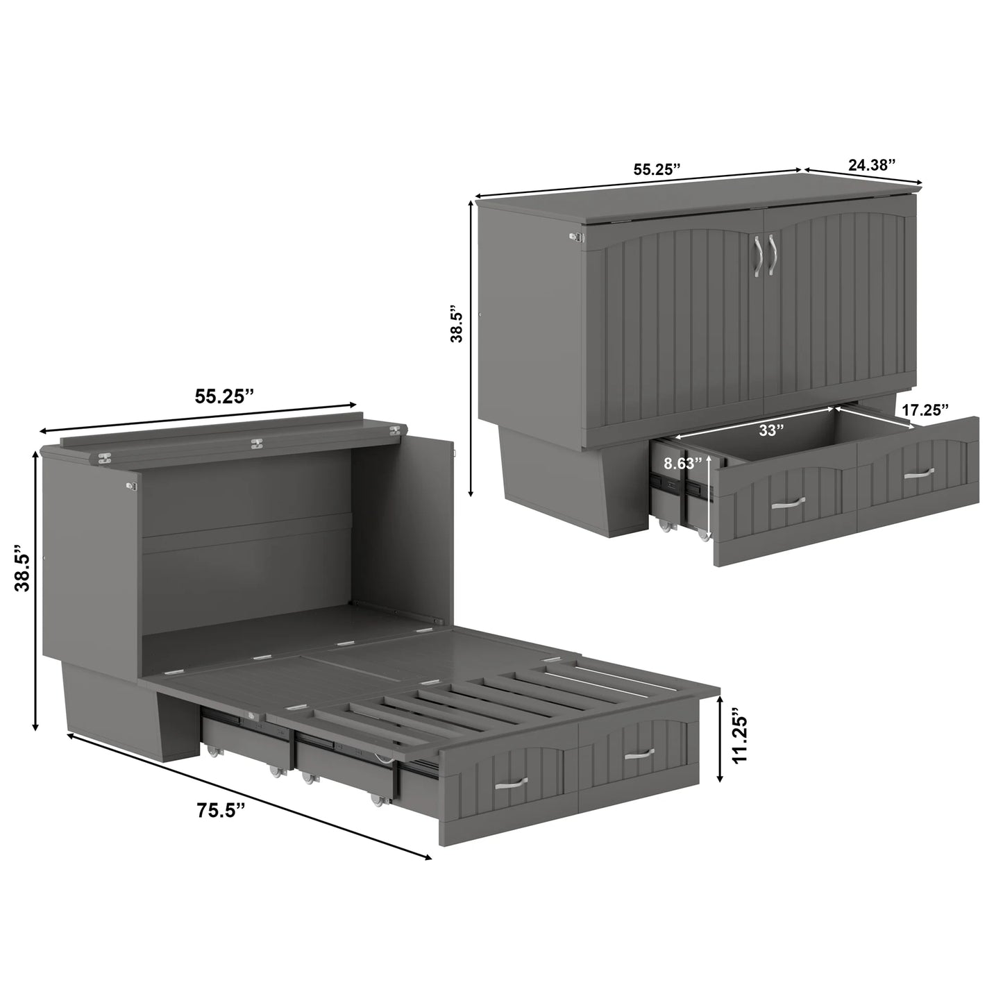 AFI Nantucket Full Solid Wood Murphy Bed Chest with Mattress, Drawer & Charger in Gray - My Store
