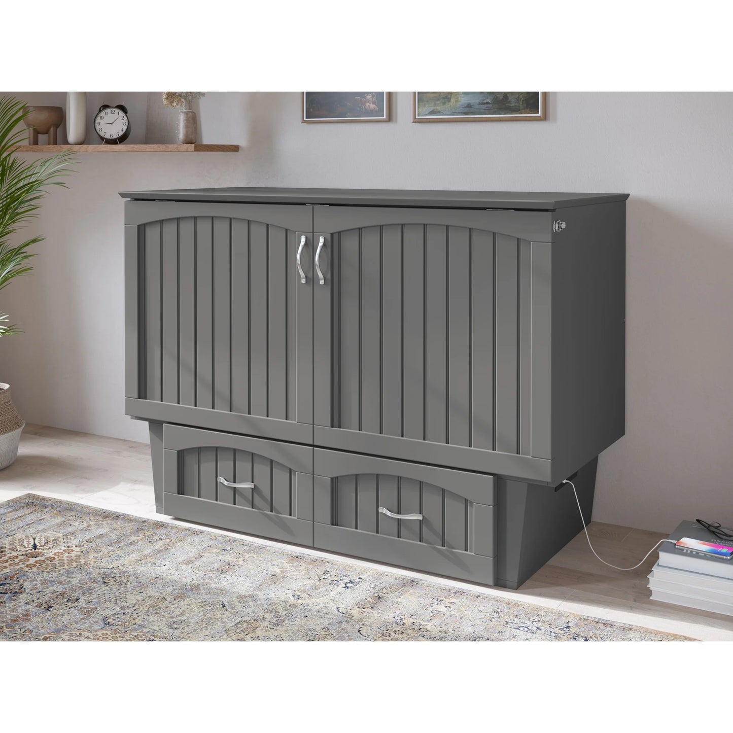 AFI Nantucket Full Solid Wood Murphy Bed Chest with Mattress, Drawer & Charger in Gray - My Store