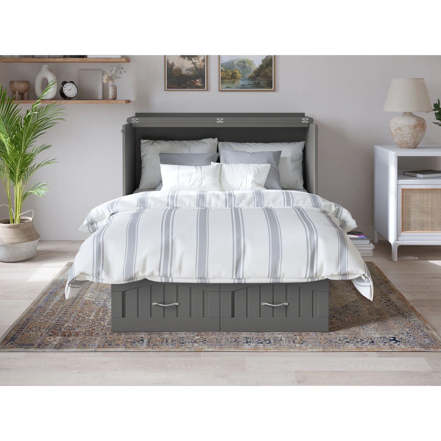 AFI Nantucket Full Solid Wood Murphy Bed Chest with Mattress, Drawer & Charger in Gray - My Store