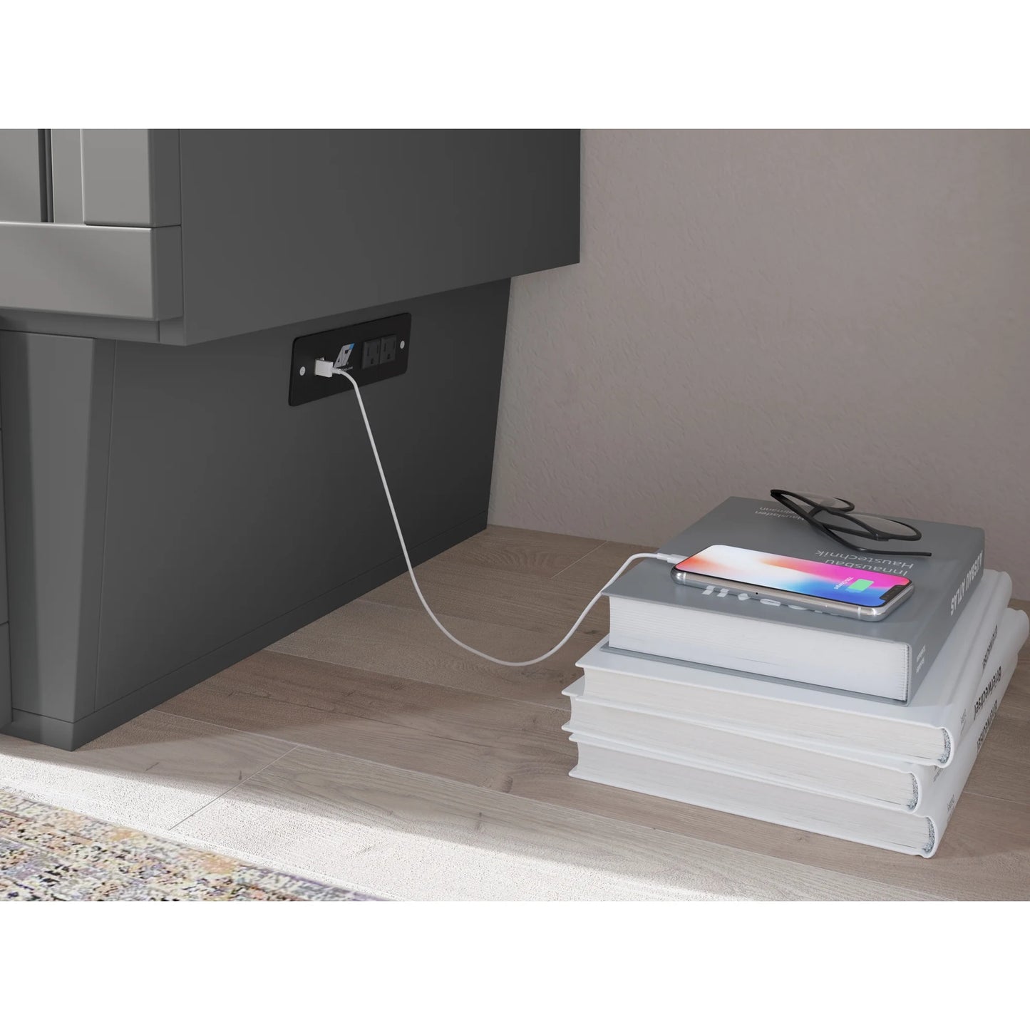 AFI Nantucket Full Solid Wood Murphy Bed Chest with Mattress, Drawer & Charger in Gray - My Store