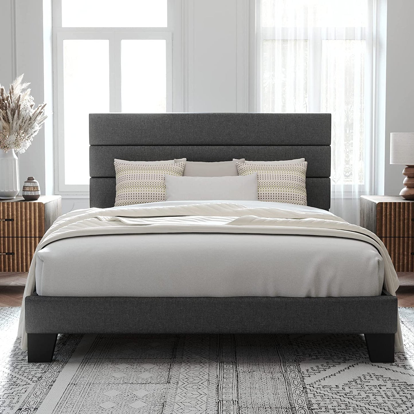 Allewie Queen Size Platform Bed Frame with Fabric Upholstered Headboard, No Box Spring Needed, Dark Grey - My Store