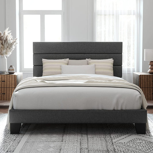 Allewie Queen Size Platform Bed Frame with Fabric Upholstered Headboard, No Box Spring Needed, Dark Grey - My Store