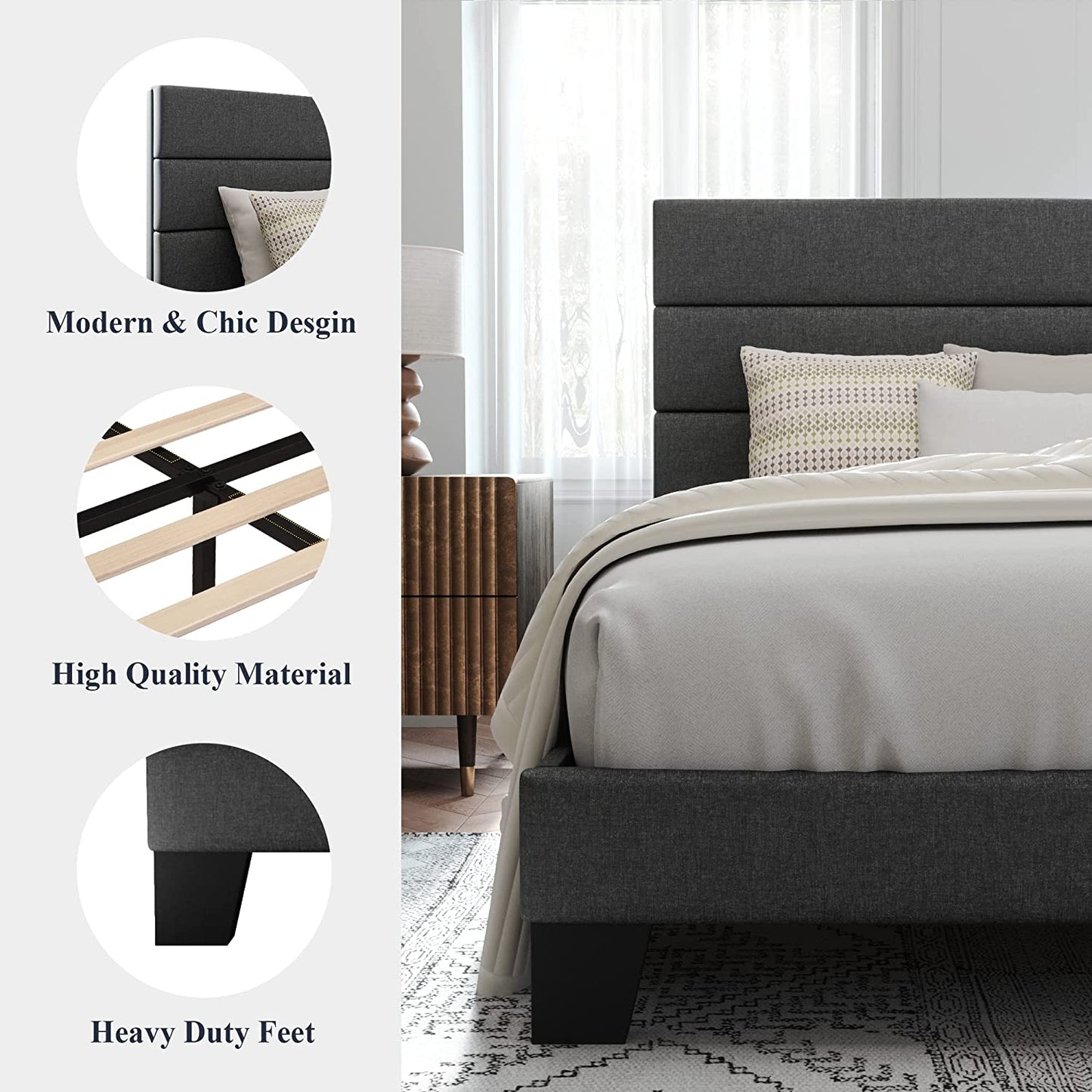 Allewie Queen Size Platform Bed Frame with Fabric Upholstered Headboard, No Box Spring Needed, Dark Grey - My Store