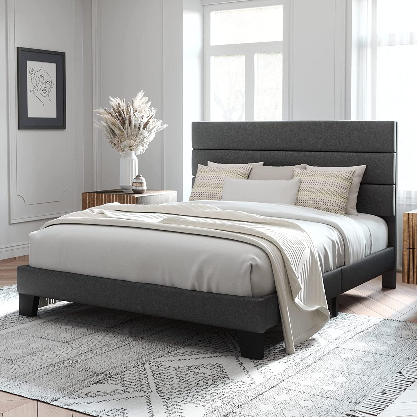 Allewie Queen Size Platform Bed Frame with Fabric Upholstered Headboard, No Box Spring Needed, Dark Grey - My Store