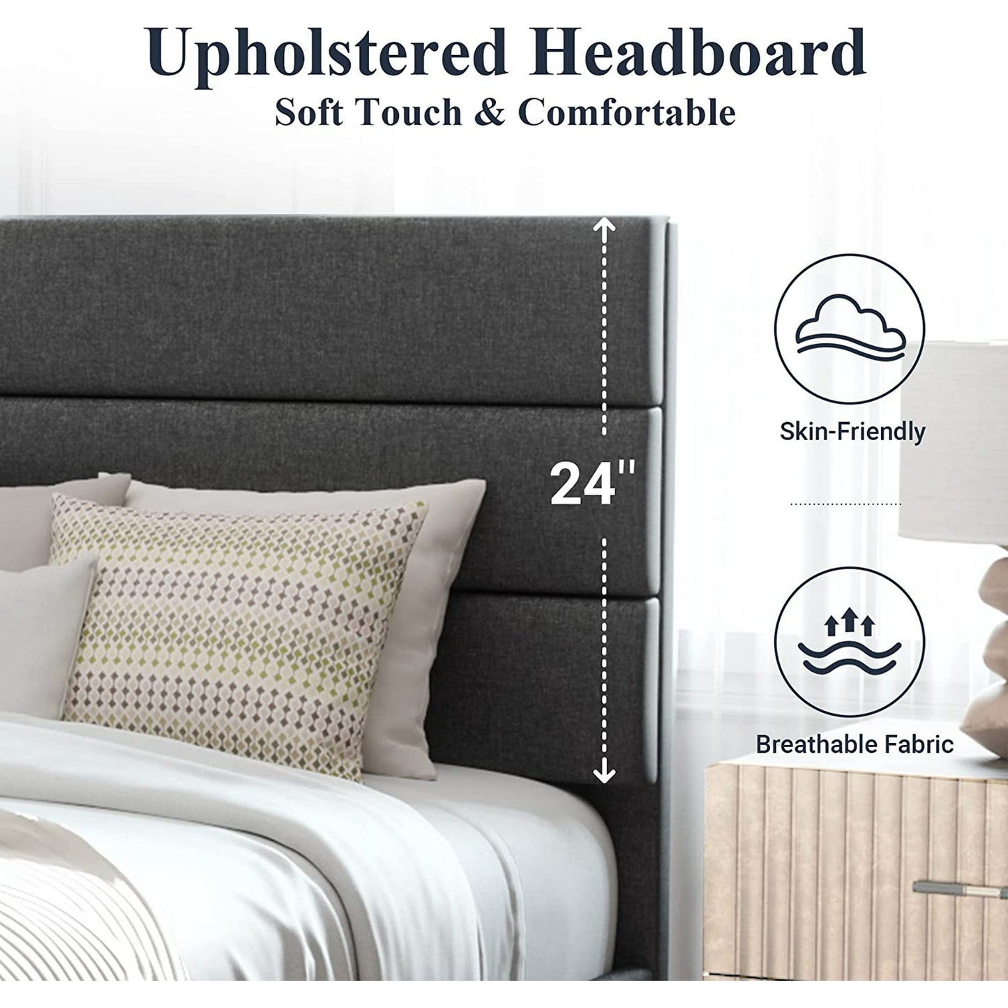 Allewie Queen Size Platform Bed Frame with Fabric Upholstered Headboard, No Box Spring Needed, Dark Grey - My Store