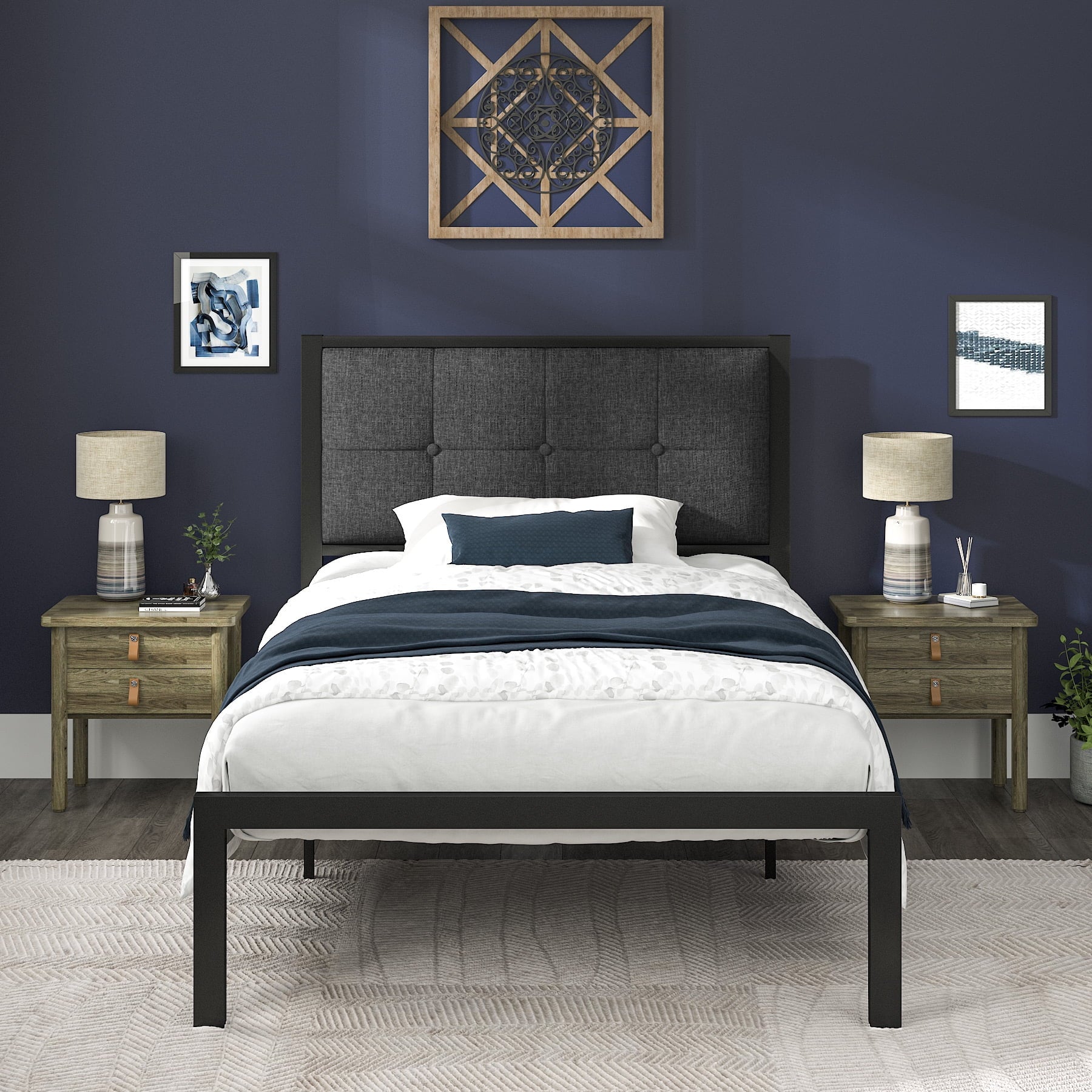 Allewie Twin Metal Platform Bed Frame with Fabric Button Tufted Headboard, 12.4" Under-bed Storage, Metal Slats, Grey - My Store