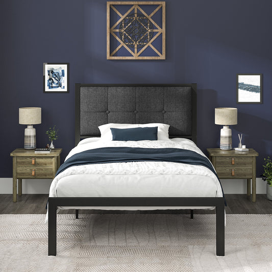 Allewie Twin Metal Platform Bed Frame with Fabric Button Tufted Headboard, 12.4" Under-bed Storage, Metal Slats, Grey - My Store