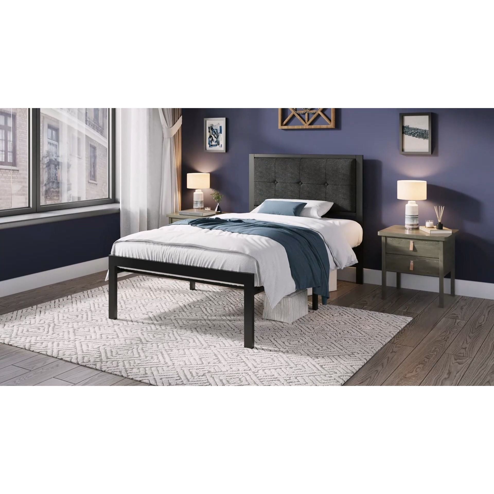 Allewie Twin Metal Platform Bed Frame with Fabric Button Tufted Headboard, 12.4" Under-bed Storage, Metal Slats, Grey - My Store