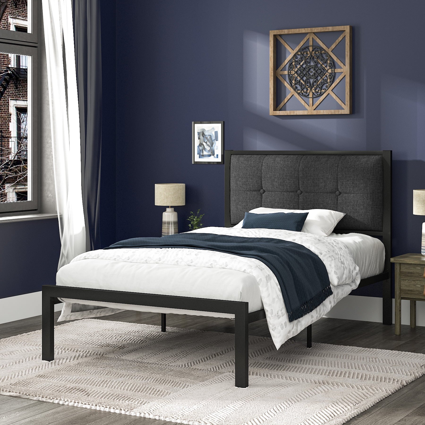 Allewie Twin Metal Platform Bed Frame with Fabric Button Tufted Headboard, 12.4" Under-bed Storage, Metal Slats, Grey - My Store