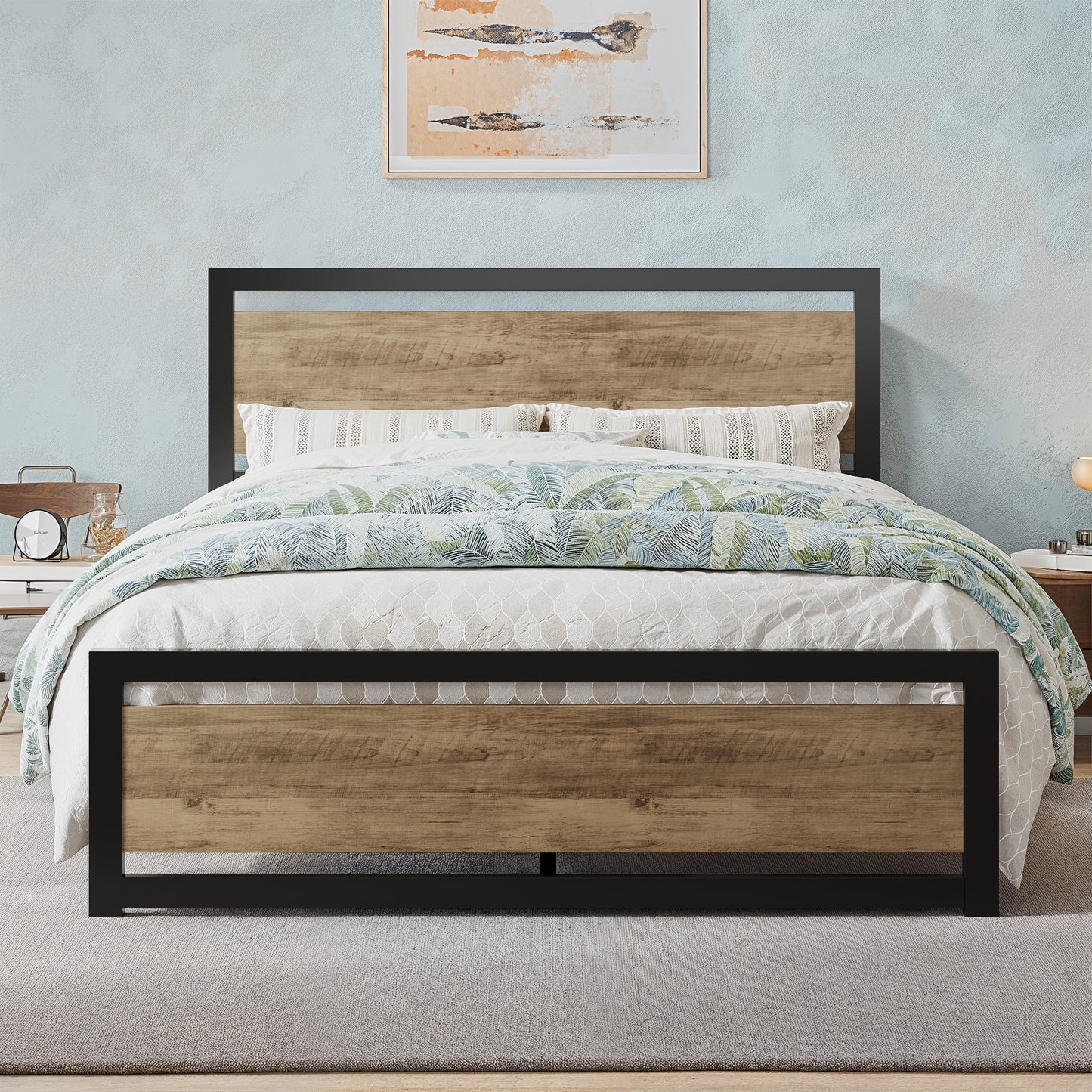 Allewie Queen Bed Frame, Metal Platform Bed Frame with Wooden Headboard, 12.4" Under-Bed Storage, Brown - My Store