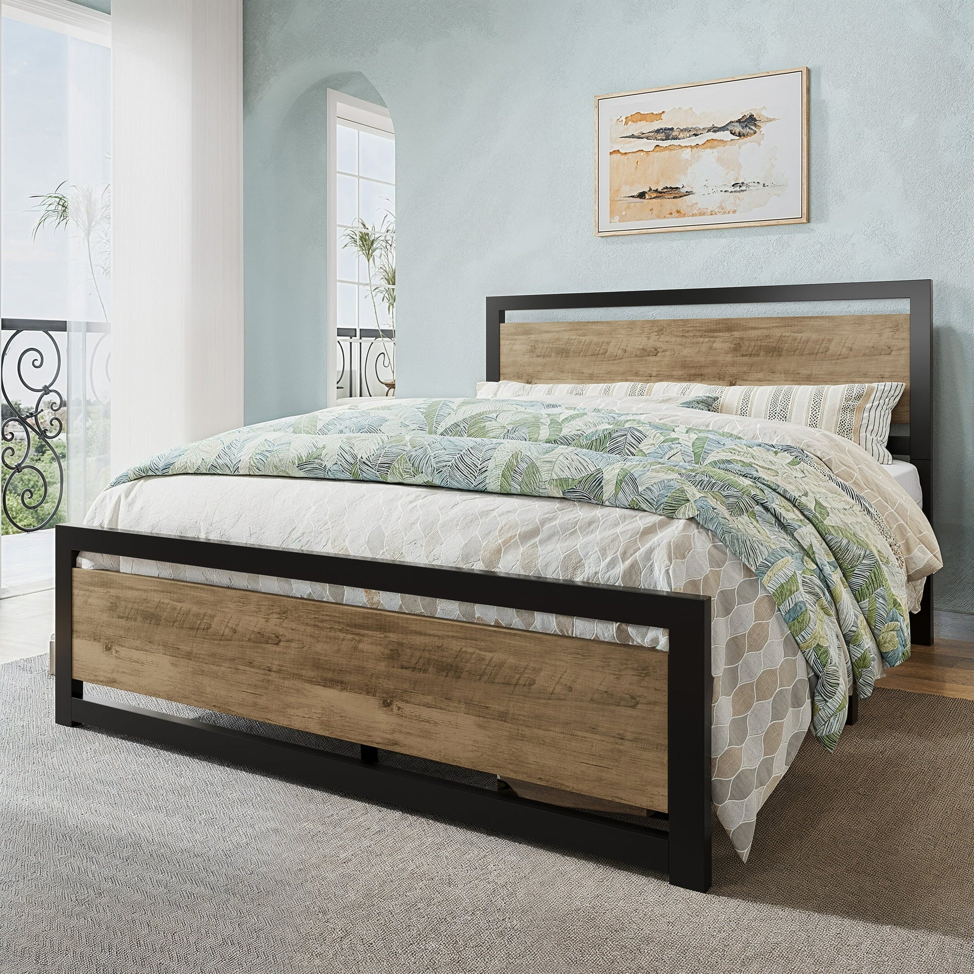 Allewie Queen Bed Frame, Metal Platform Bed Frame with Wooden Headboard, 12.4" Under-Bed Storage, Brown - My Store