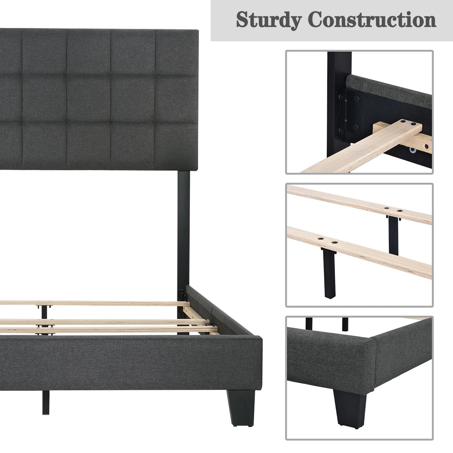 Allewie Queen Size Panel Platform Bed Frame with Adjustable High Upholstered Headboard, Grey - My Store