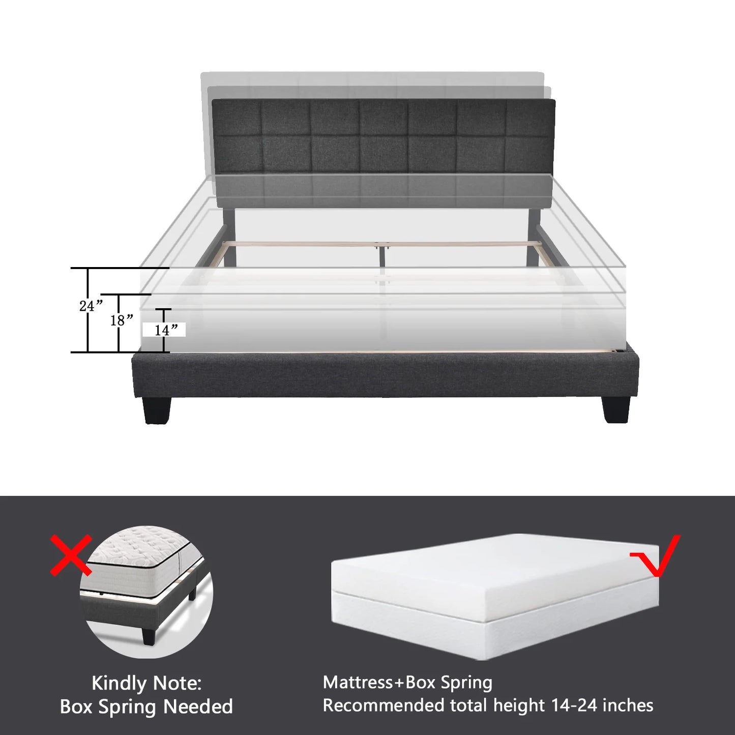 Allewie Queen Size Panel Platform Bed Frame with Adjustable High Upholstered Headboard, Grey - My Store