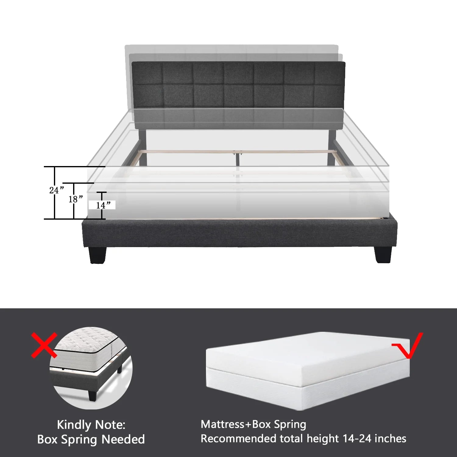 Allewie Queen Size Panel Platform Bed Frame with Adjustable High Upholstered Headboard, Grey - My Store