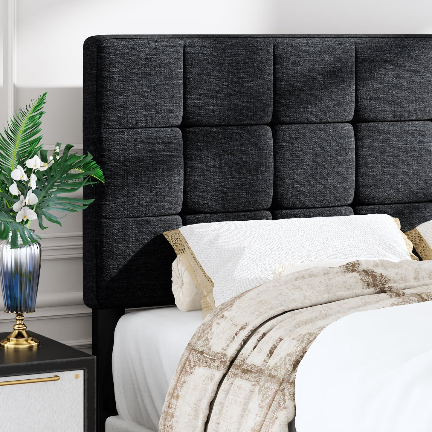Allewie Queen Size Panel Platform Bed Frame with Adjustable High Upholstered Headboard, Grey - My Store