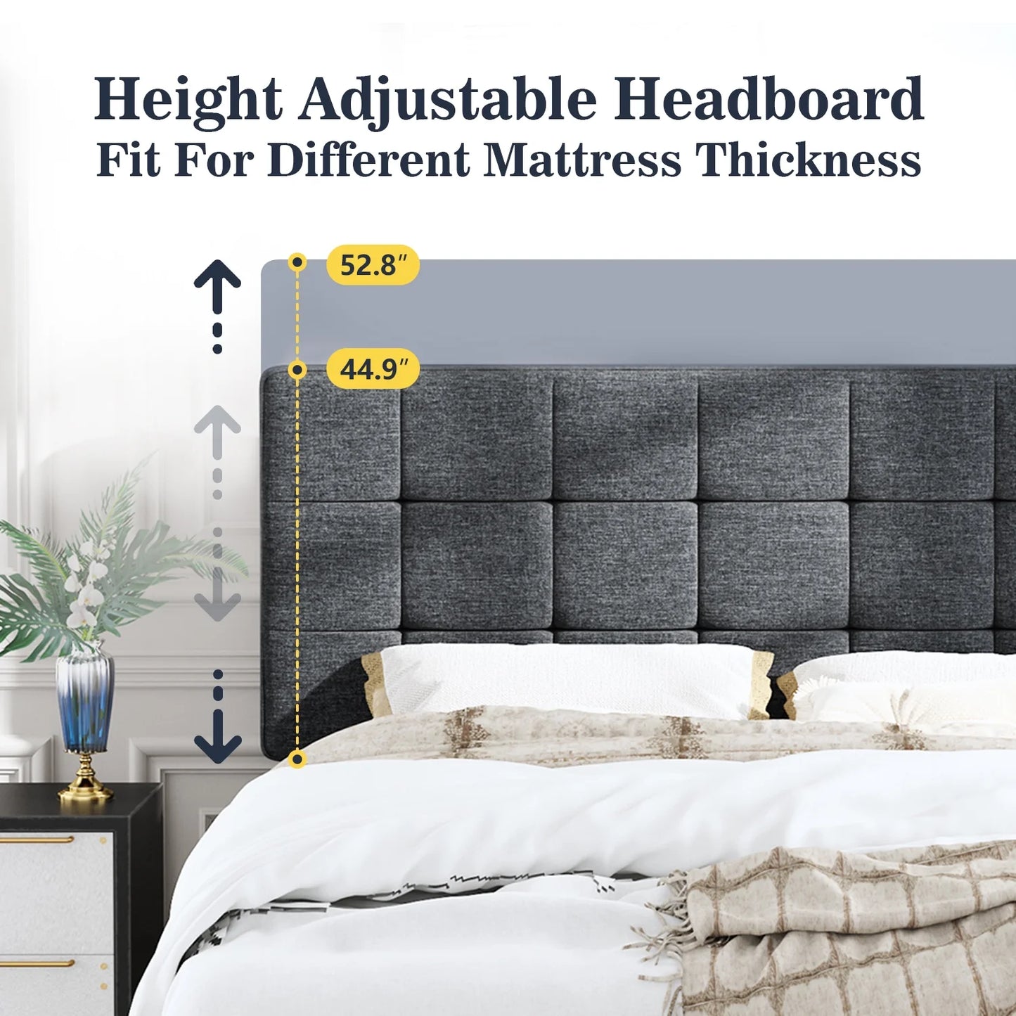Allewie Queen Size Panel Platform Bed Frame with Adjustable High Upholstered Headboard, Grey - My Store
