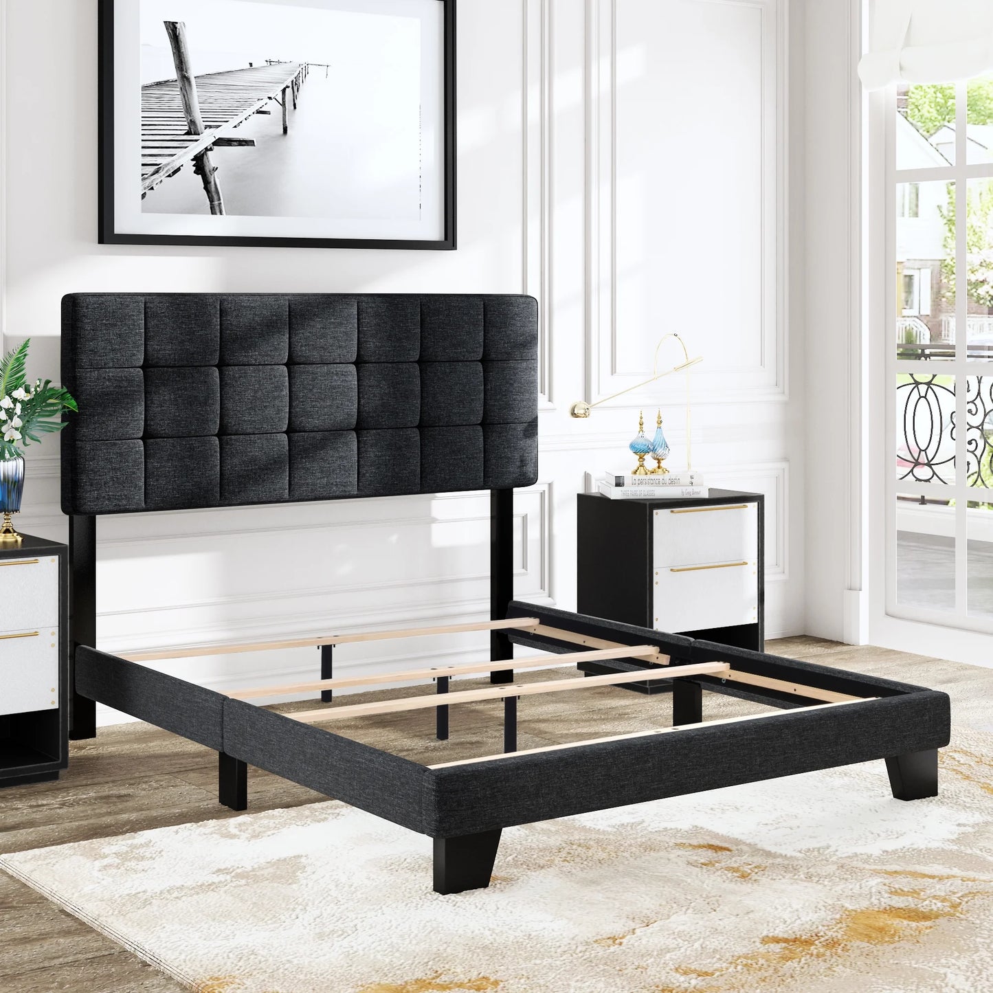 Allewie Queen Size Panel Platform Bed Frame with Adjustable High Upholstered Headboard, Grey - My Store
