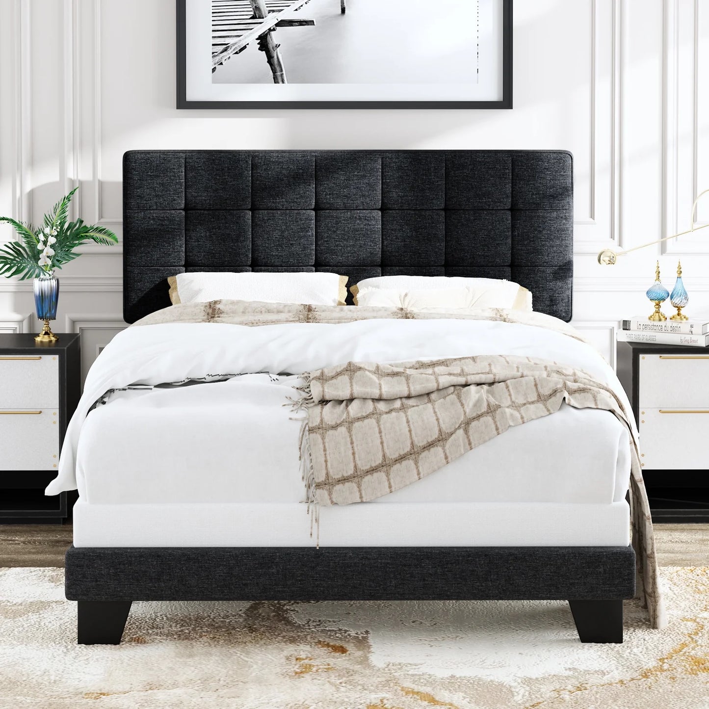 Allewie Queen Size Panel Platform Bed Frame with Adjustable High Upholstered Headboard, Grey - My Store