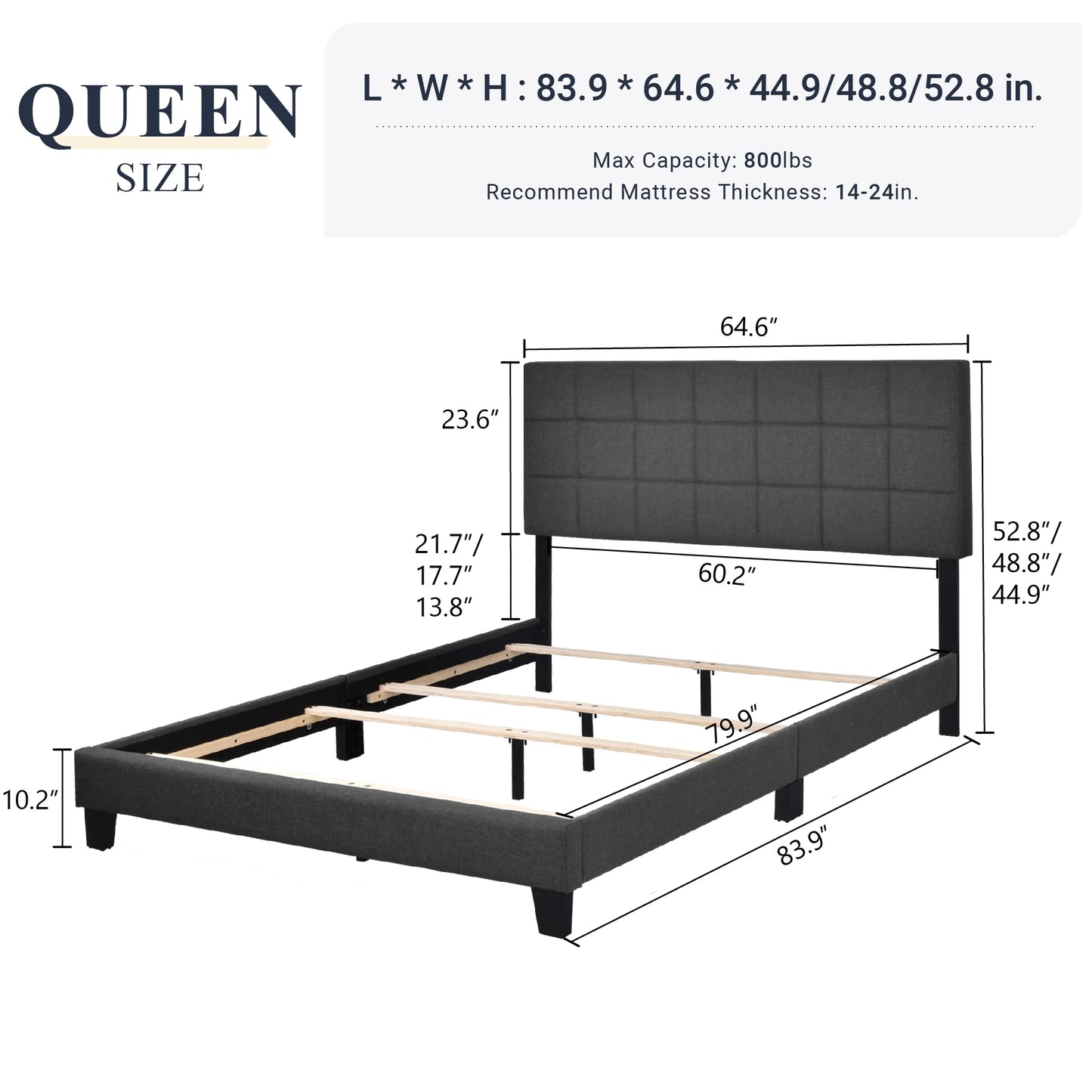 Allewie Queen Size Panel Platform Bed Frame with Adjustable High Upholstered Headboard, Grey - My Store