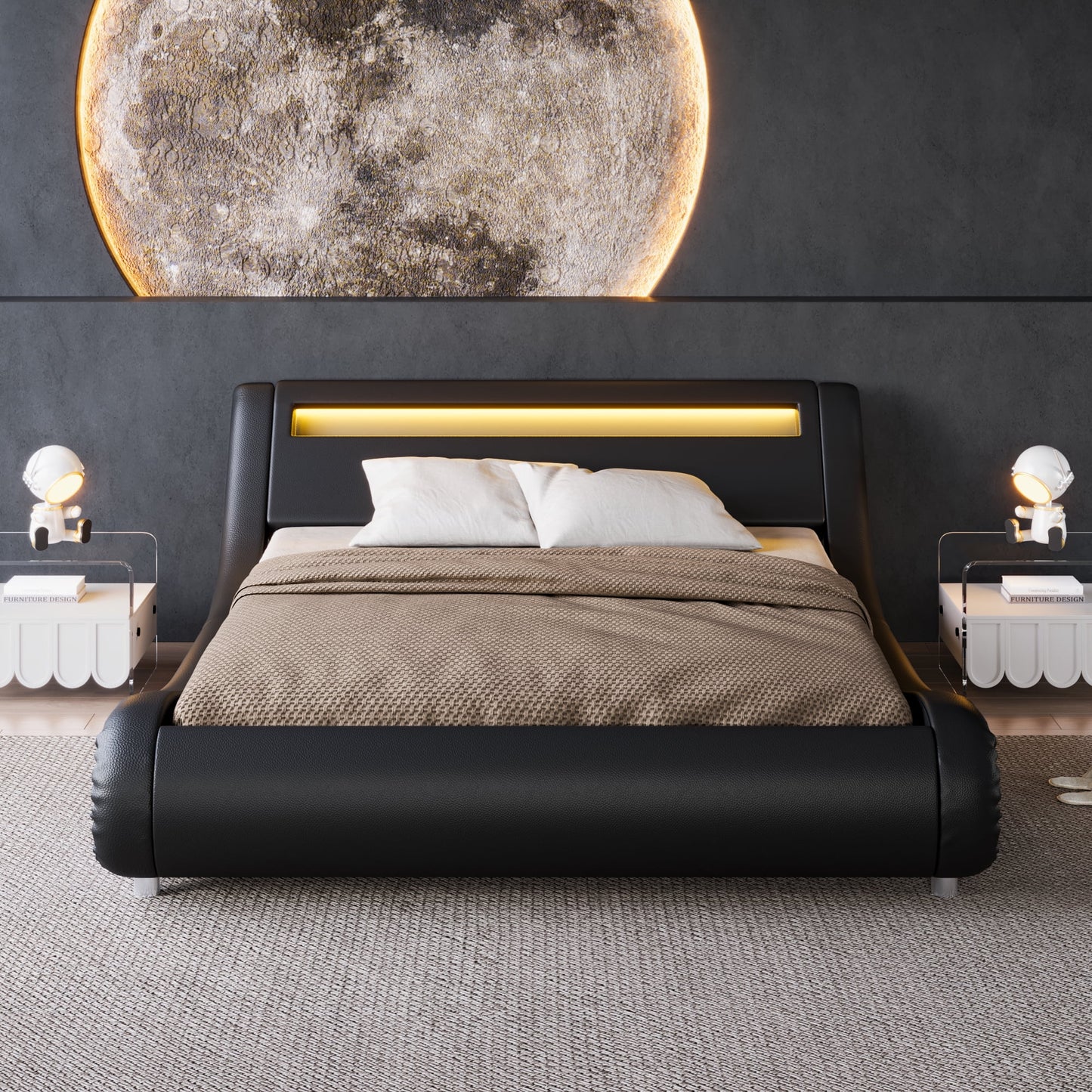 Einfach LED Sleigh Bed with Functional Headboard, Faux Leather, No Box Spring Needed, Black, Queen - My Store