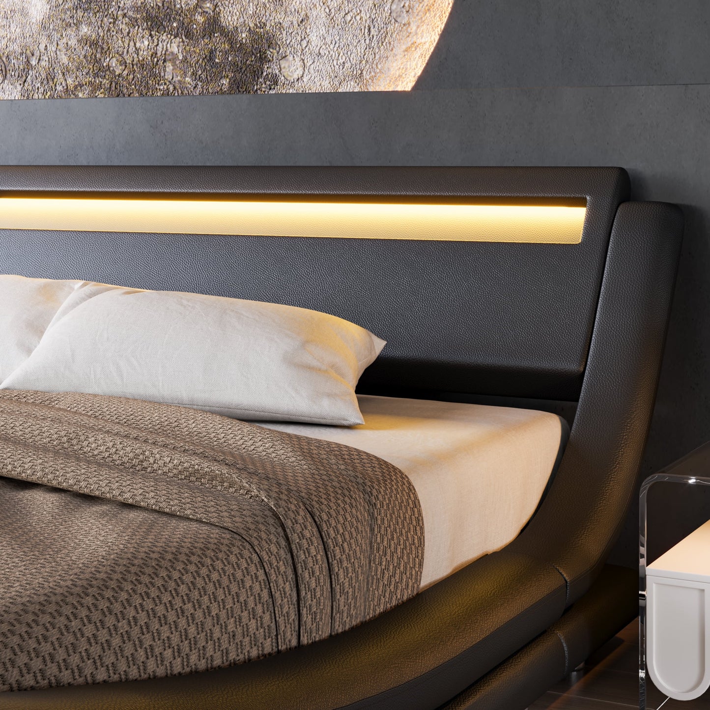 Einfach LED Sleigh Bed with Functional Headboard, Faux Leather, No Box Spring Needed, Black, Queen - My Store