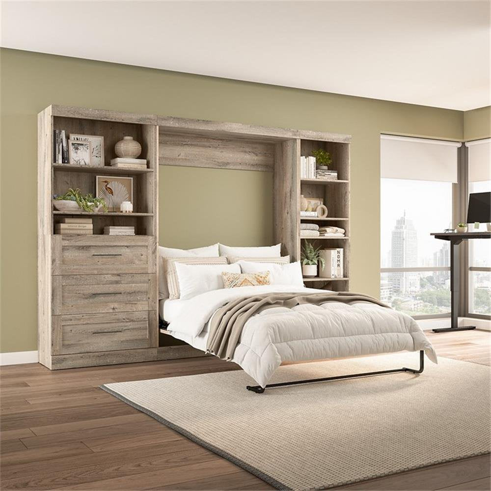 Pemberly Row Full Murphy Bed with Shelving and Drawers (120W) in Rustic Brown - My Store