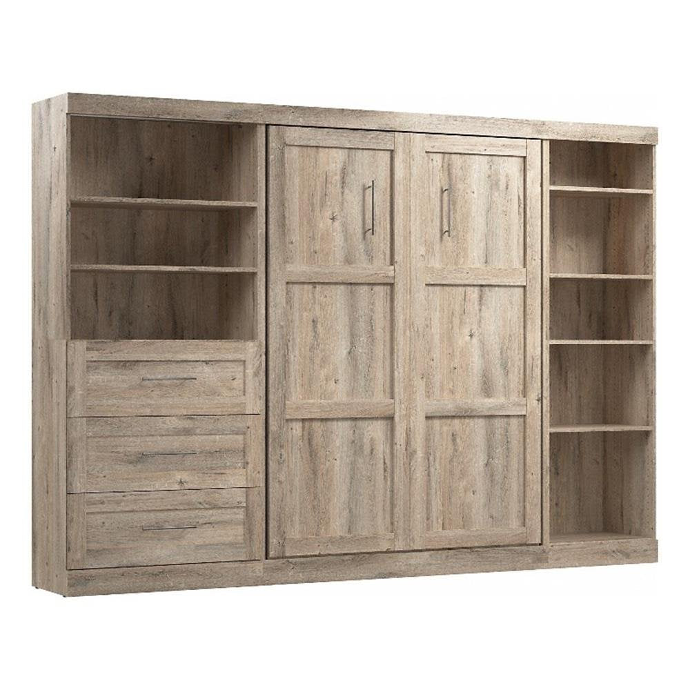 Pemberly Row Full Murphy Bed with Shelving and Drawers (120W) in Rustic Brown - My Store