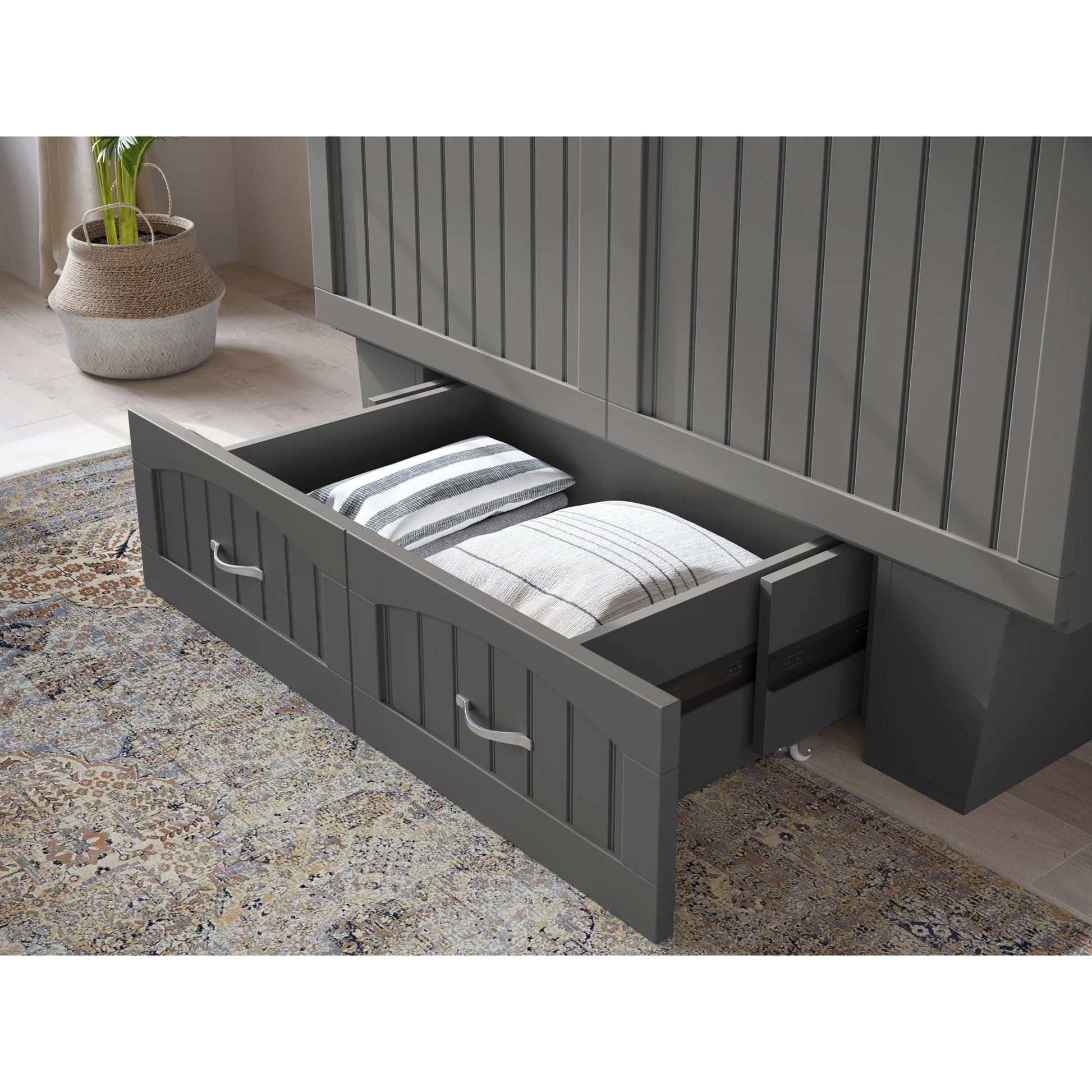 AFI Nantucket Full Solid Wood Murphy Bed Chest with Mattress, Drawer & Charger in Gray - My Store