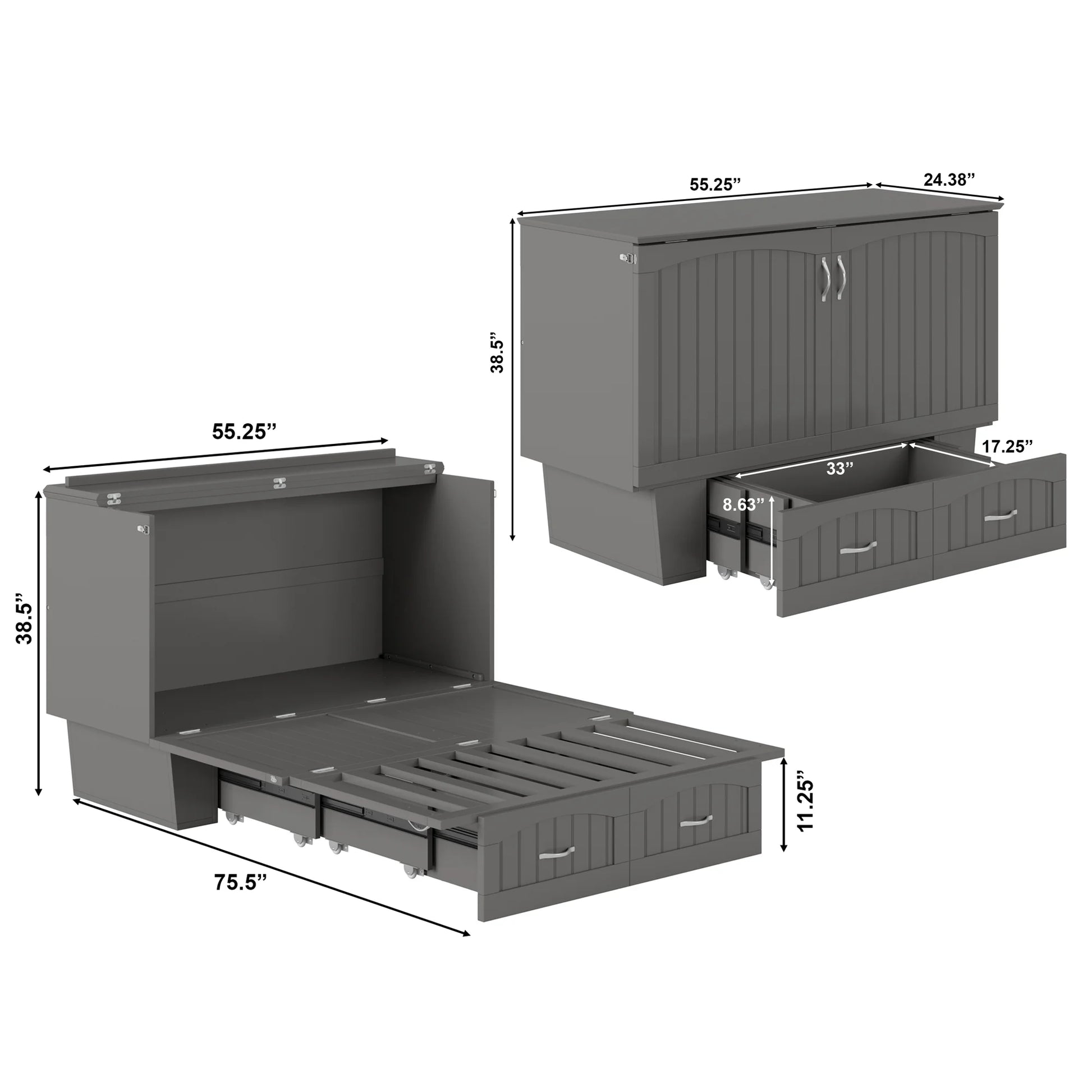 AFI Nantucket Full Solid Wood Murphy Bed Chest with Mattress, Drawer & Charger in Gray - My Store
