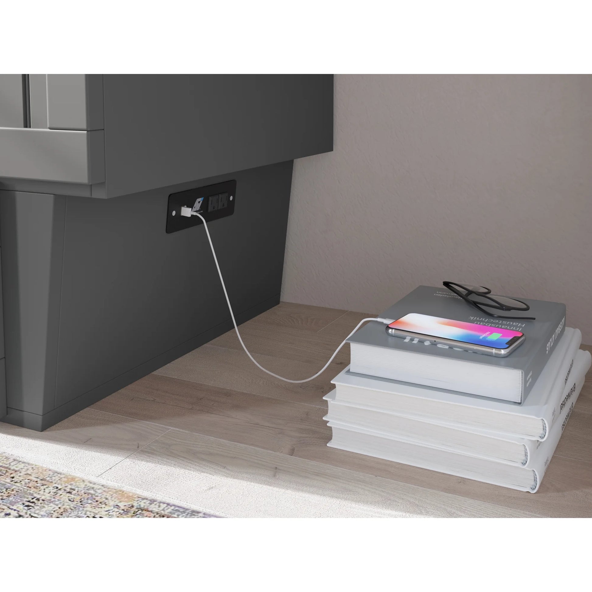 AFI Nantucket Full Solid Wood Murphy Bed Chest with Mattress, Drawer & Charger in Gray - My Store