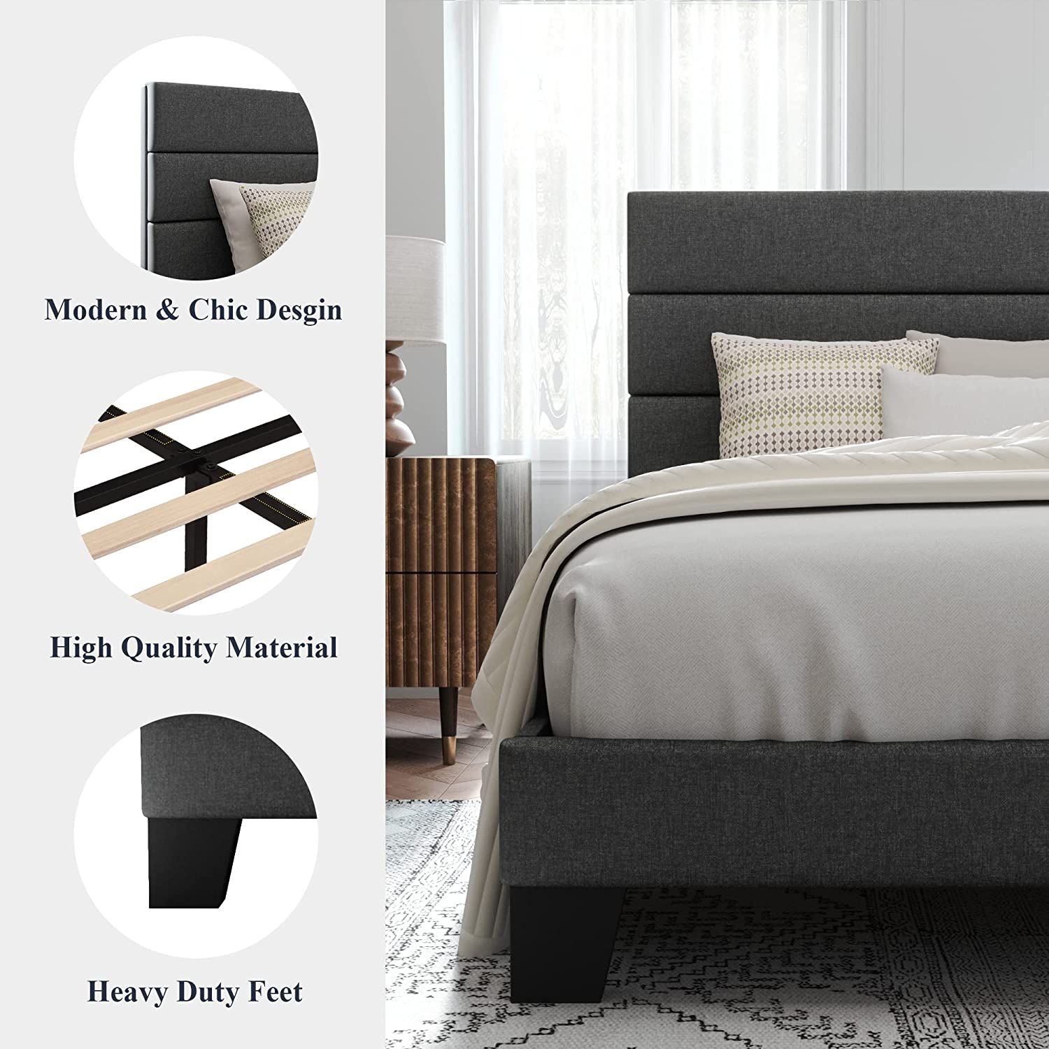 Allewie Queen Size Platform Bed Frame with Fabric Upholstered Headboard, No Box Spring Needed, Dark Grey - My Store