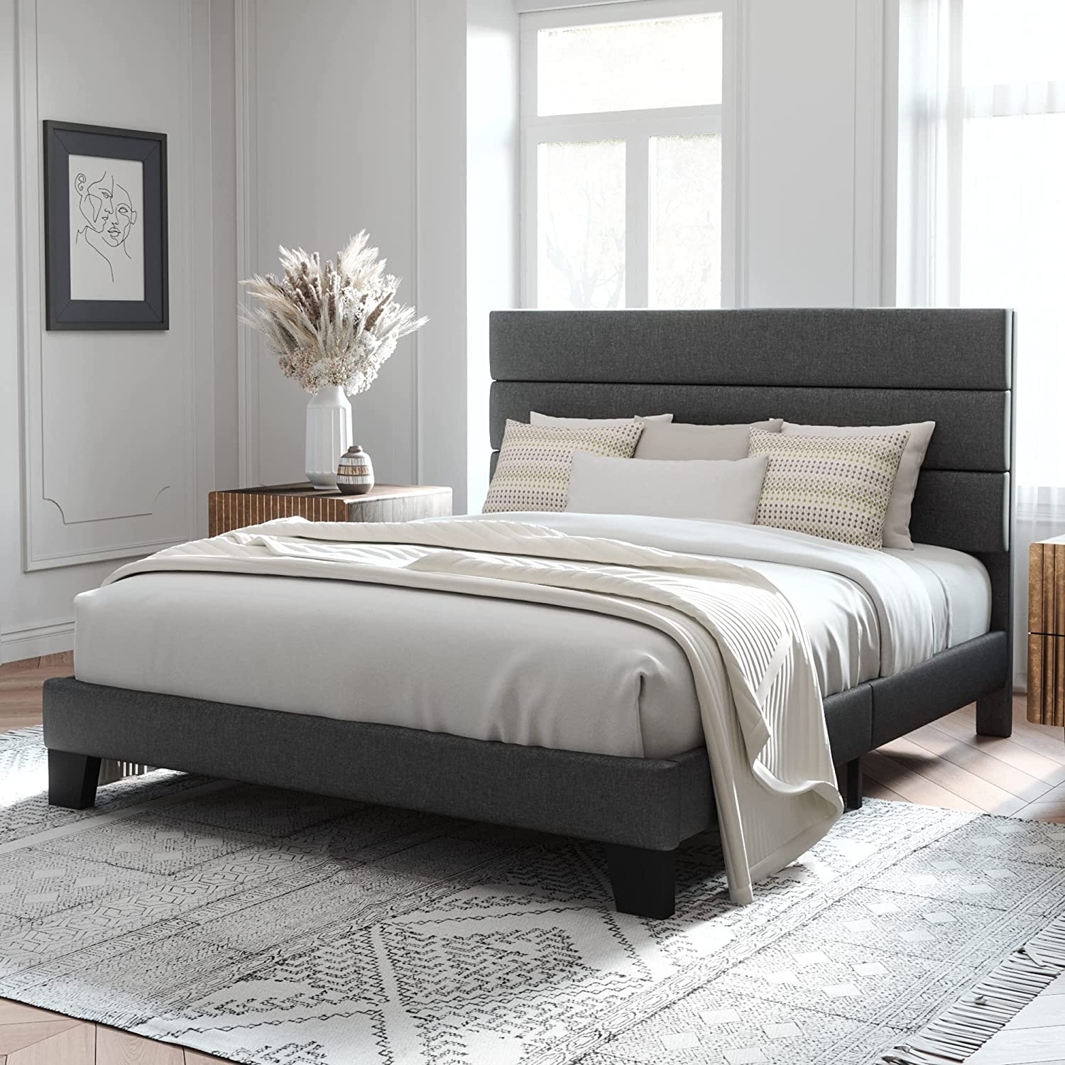 Allewie Queen Size Platform Bed Frame with Fabric Upholstered Headboard, No Box Spring Needed, Dark Grey - My Store