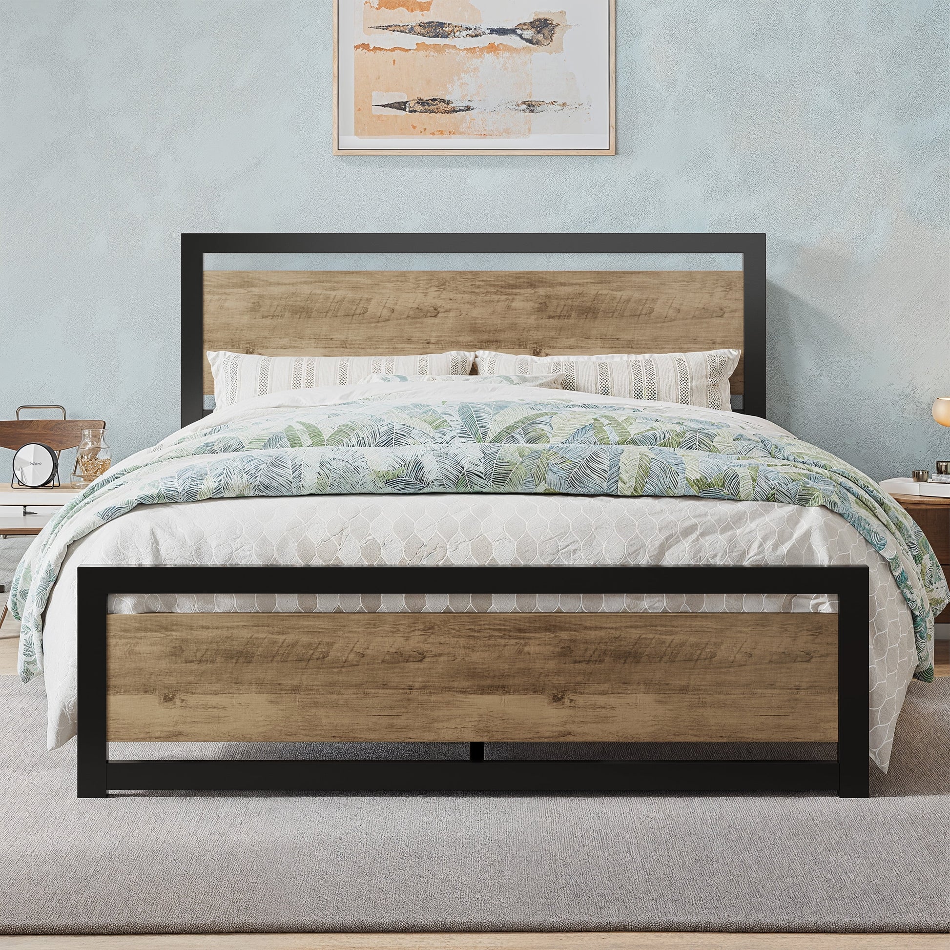 Allewie Queen Bed Frame, Metal Platform Bed Frame with Wooden Headboard, 12.4" Under-Bed Storage, Brown - My Store