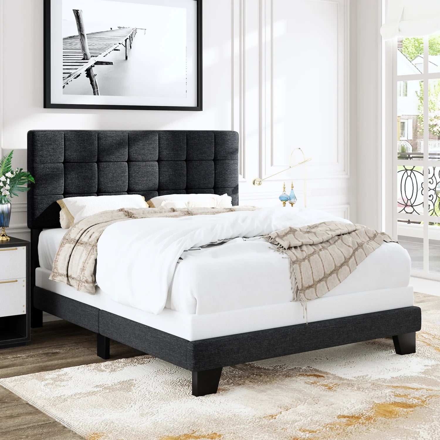 Allewie Queen Size Panel Platform Bed Frame with Adjustable High Upholstered Headboard, Grey - My Store