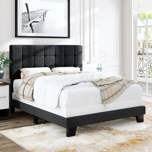 Allewie Queen Size Panel Platform Bed Frame with Adjustable High Upholstered Headboard, Grey - My Store