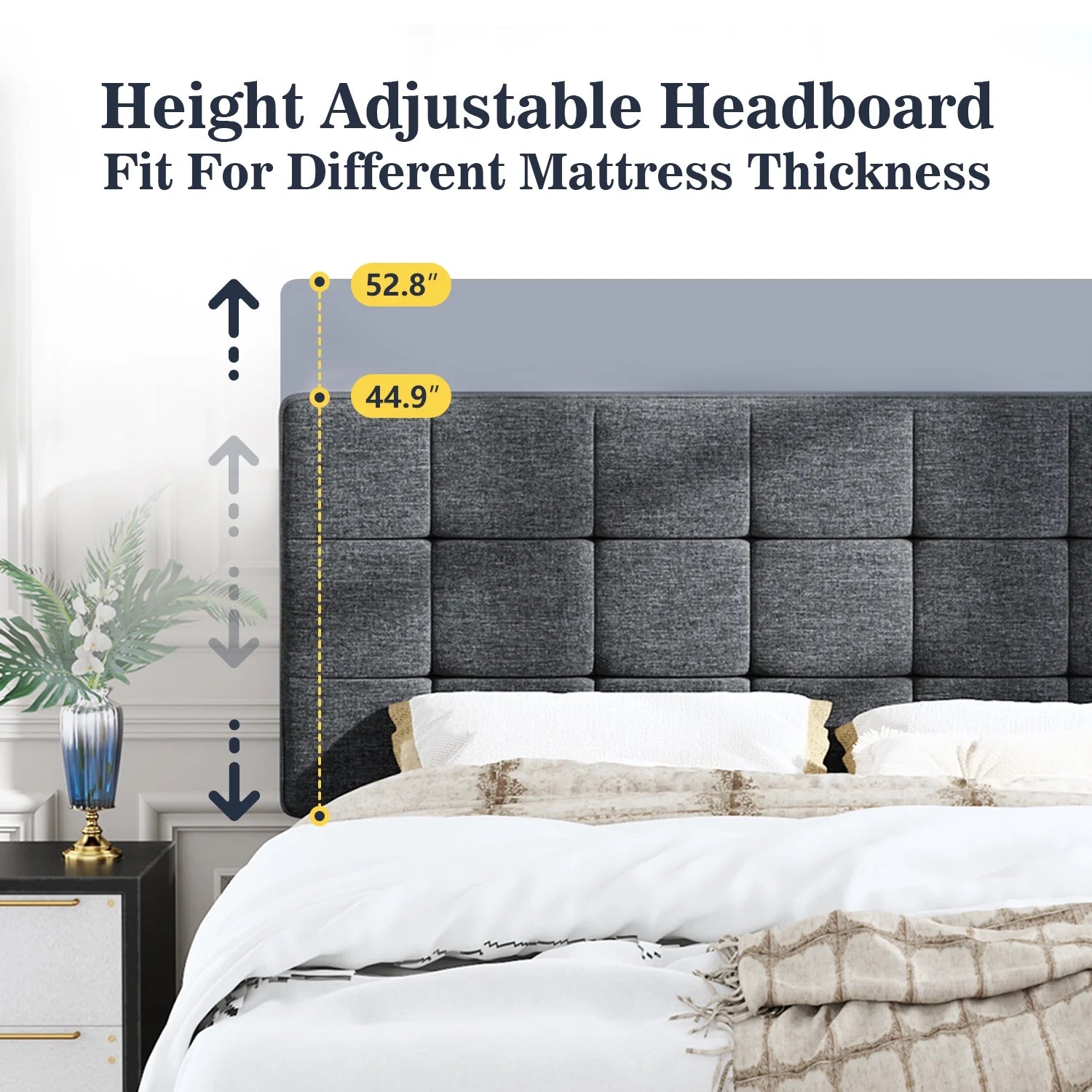 Allewie Queen Size Panel Platform Bed Frame with Adjustable High Upholstered Headboard, Grey - My Store
