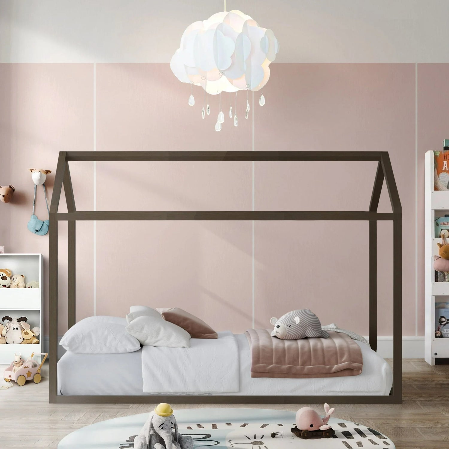 Castle Place Contemporary Wooden Canopy House Kid Twin Bed, Grey - My Store