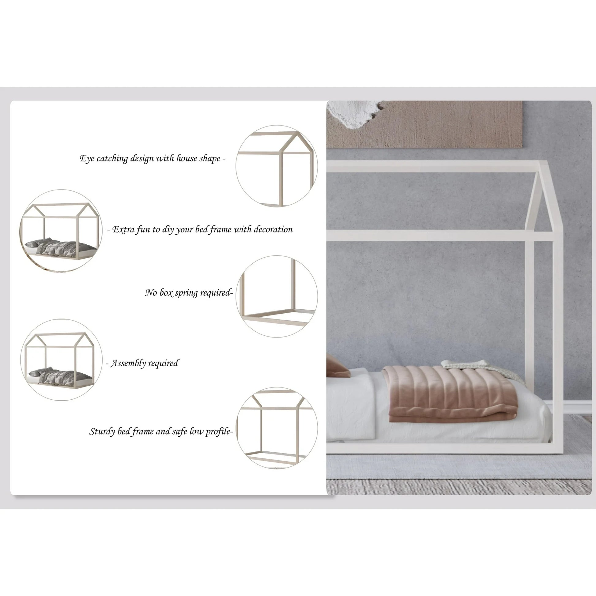 Castle Place Contemporary Wooden Canopy House Kid Twin Bed, Grey - My Store
