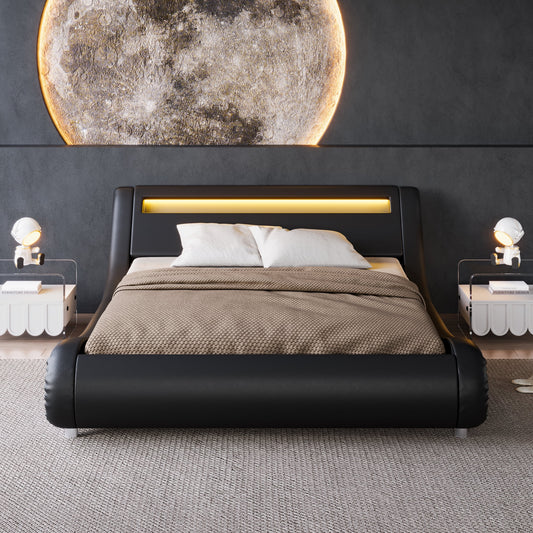 Einfach LED Sleigh Bed with Functional Headboard, Faux Leather, No Box Spring Needed, Black, Queen - My Store