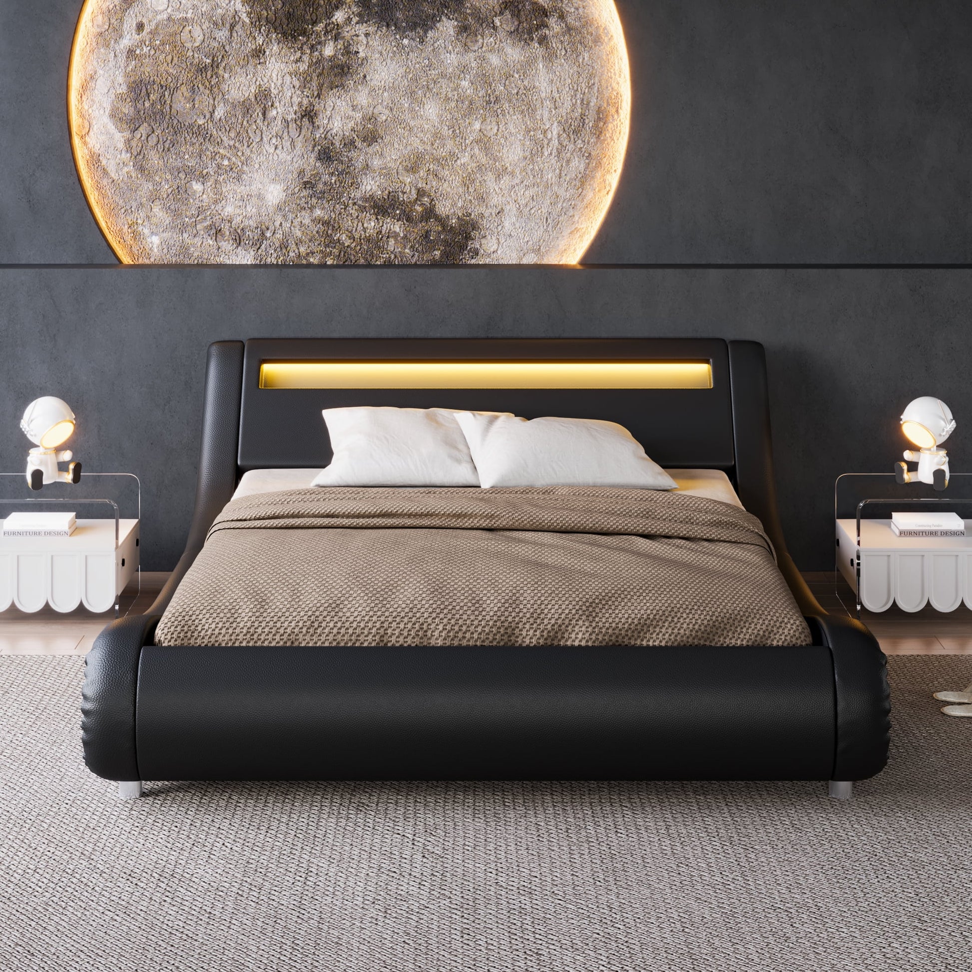 Einfach LED Sleigh Bed with Functional Headboard, Faux Leather, No Box Spring Needed, Black, Queen - My Store