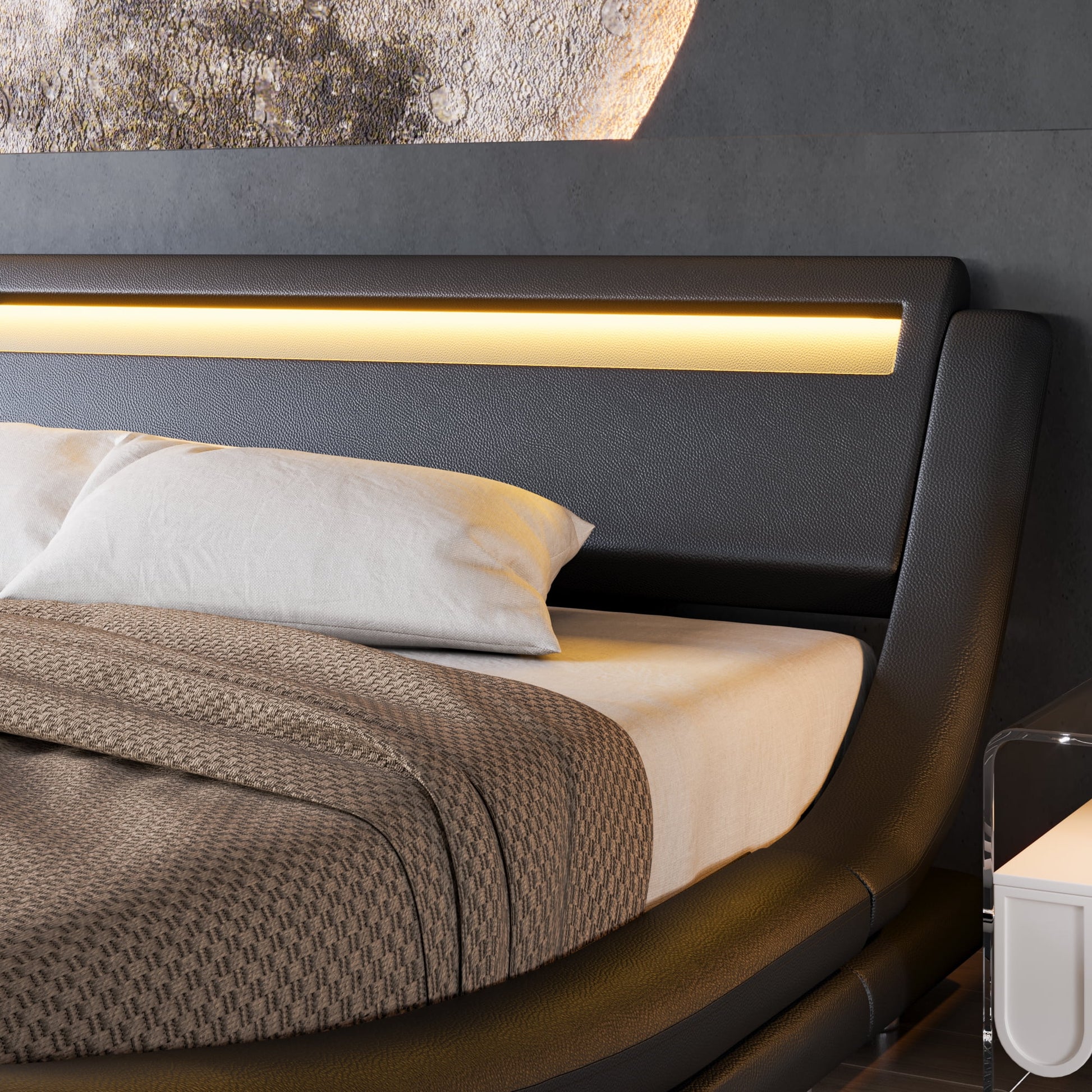 Einfach LED Sleigh Bed with Functional Headboard, Faux Leather, No Box Spring Needed, Black, Queen - My Store