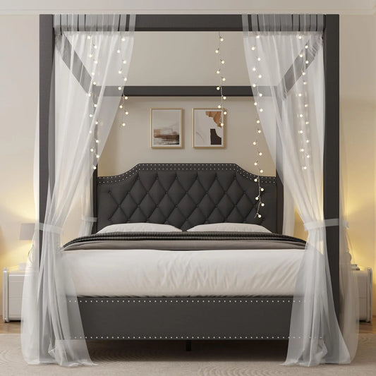 Homhougo—Queen Canopy Bed Frame with Upholstered Headboard, Four Poster Design, Button Tufted and Slide Rail, No Box Spring Required, Wooden Slatted Structure - My Store