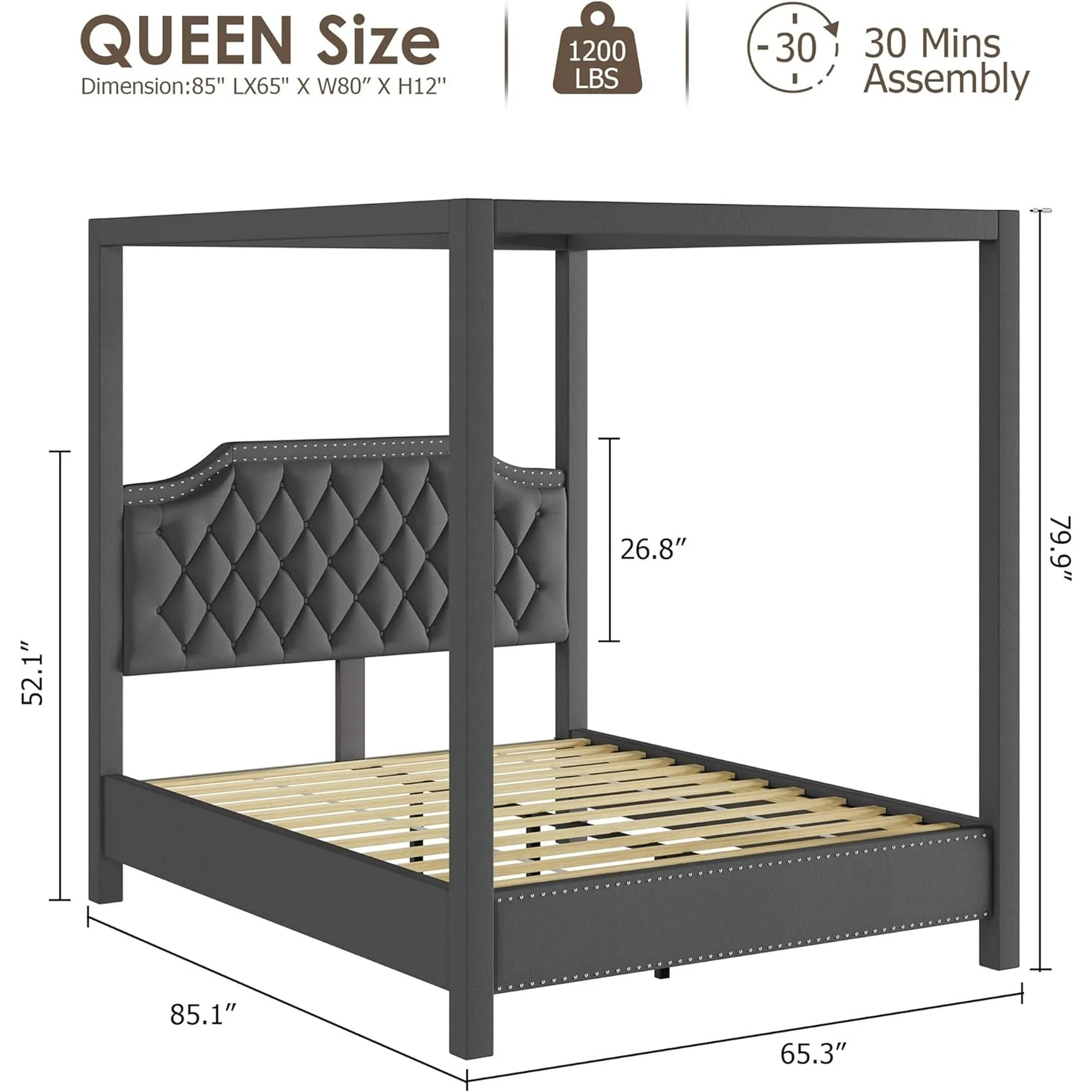Homhougo—Queen Canopy Bed Frame with Upholstered Headboard, Four Poster Design, Button Tufted and Slide Rail, No Box Spring Required, Wooden Slatted Structure - My Store