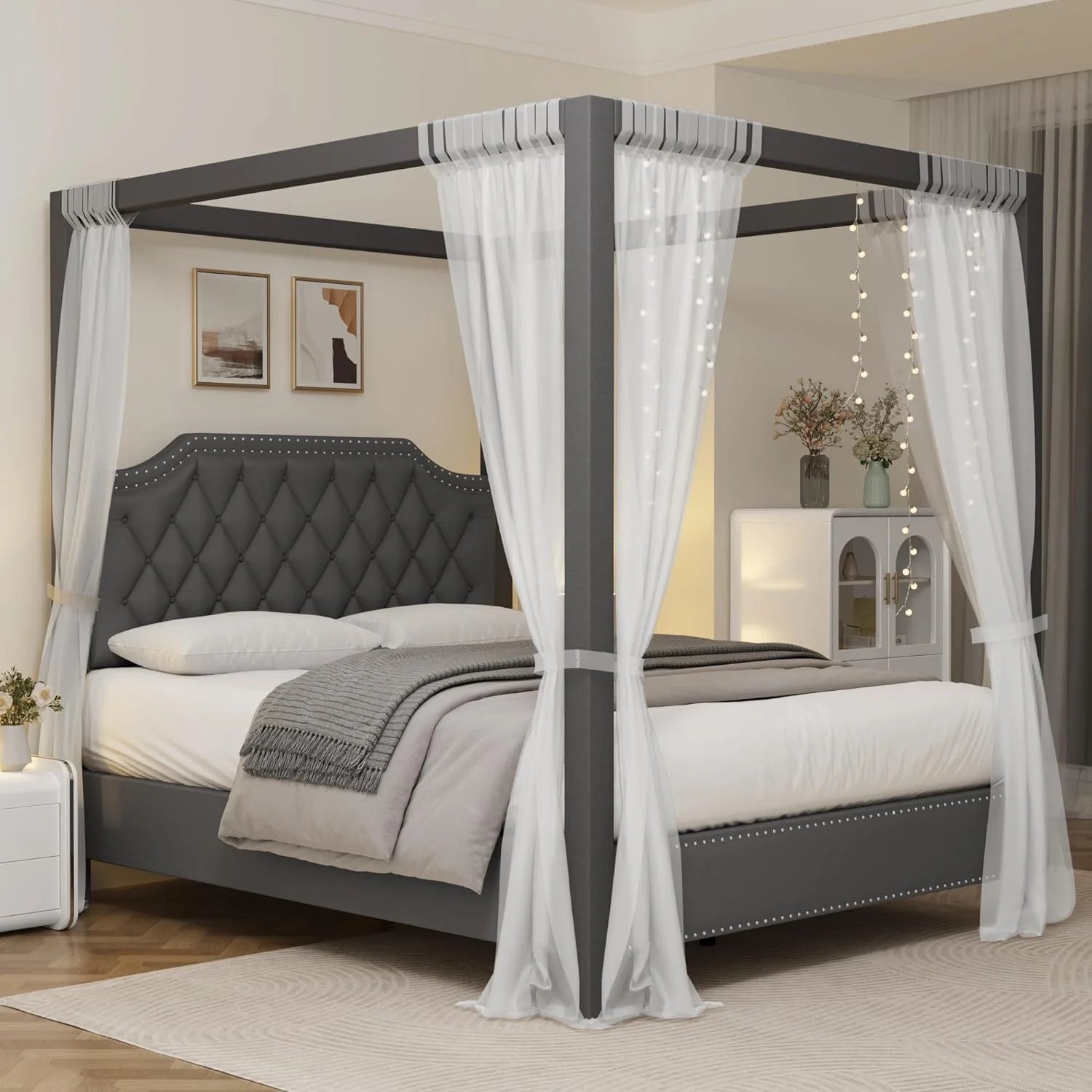 Homhougo—Queen Canopy Bed Frame with Upholstered Headboard, Four Poster Design, Button Tufted and Slide Rail, No Box Spring Required, Wooden Slatted Structure - My Store