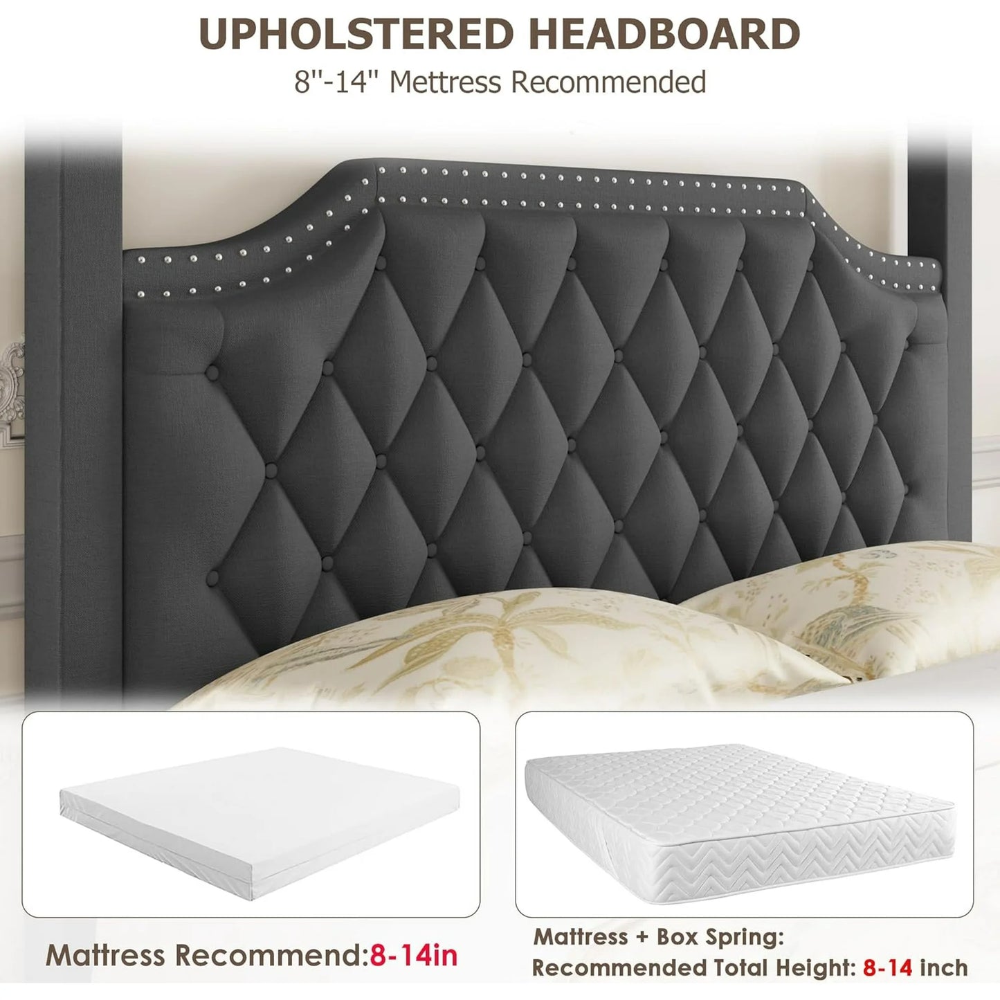 Homhougo—Queen Canopy Bed Frame with Upholstered Headboard, Four Poster Design, Button Tufted and Slide Rail, No Box Spring Required, Wooden Slatted Structure - My Store