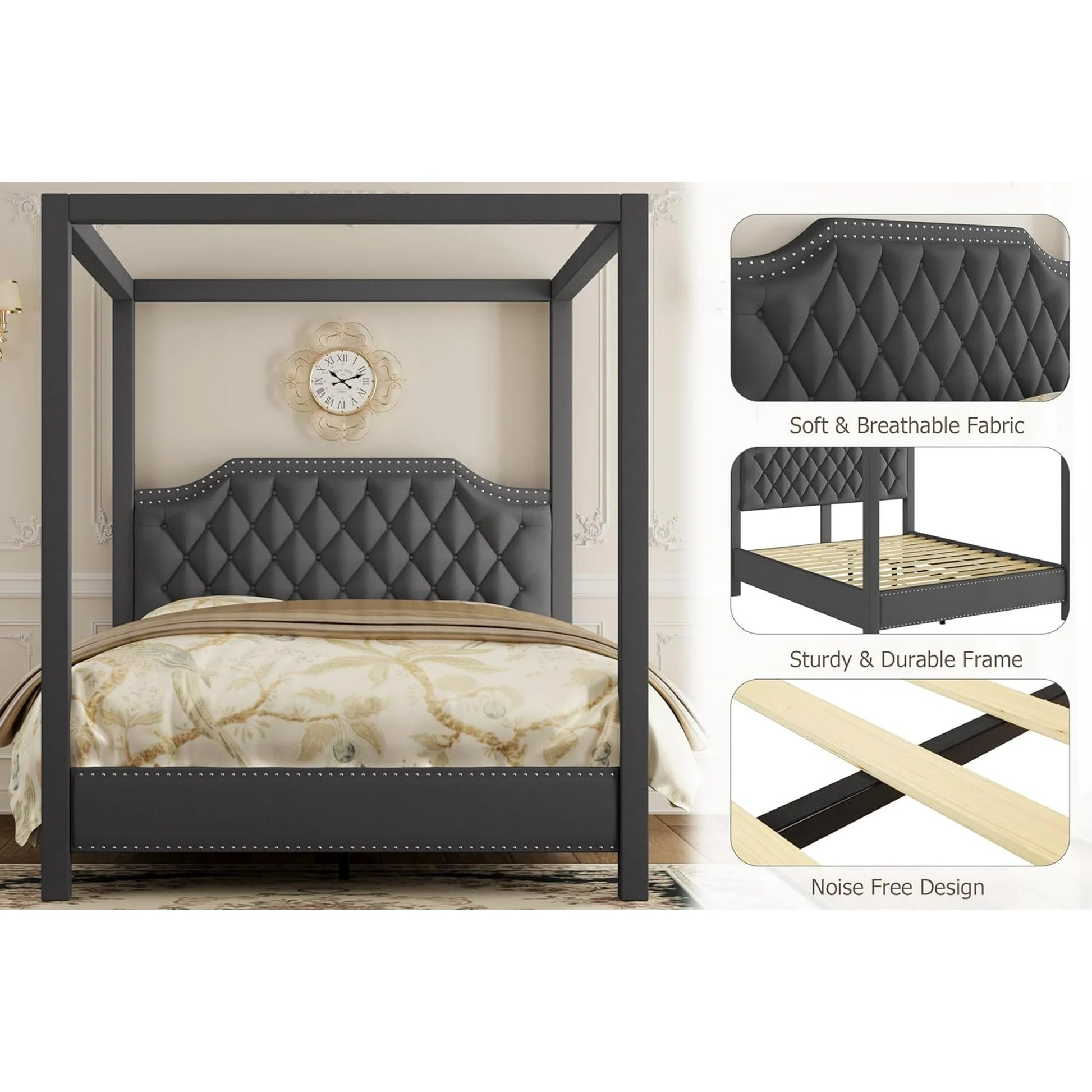 Homhougo—Queen Canopy Bed Frame with Upholstered Headboard, Four Poster Design, Button Tufted and Slide Rail, No Box Spring Required, Wooden Slatted Structure - My Store